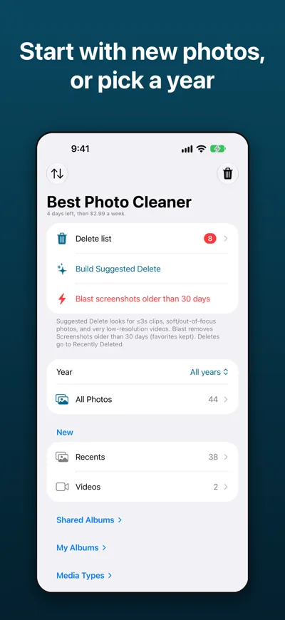 Best Photo Cleaner screenshot: Start with Recents or a year